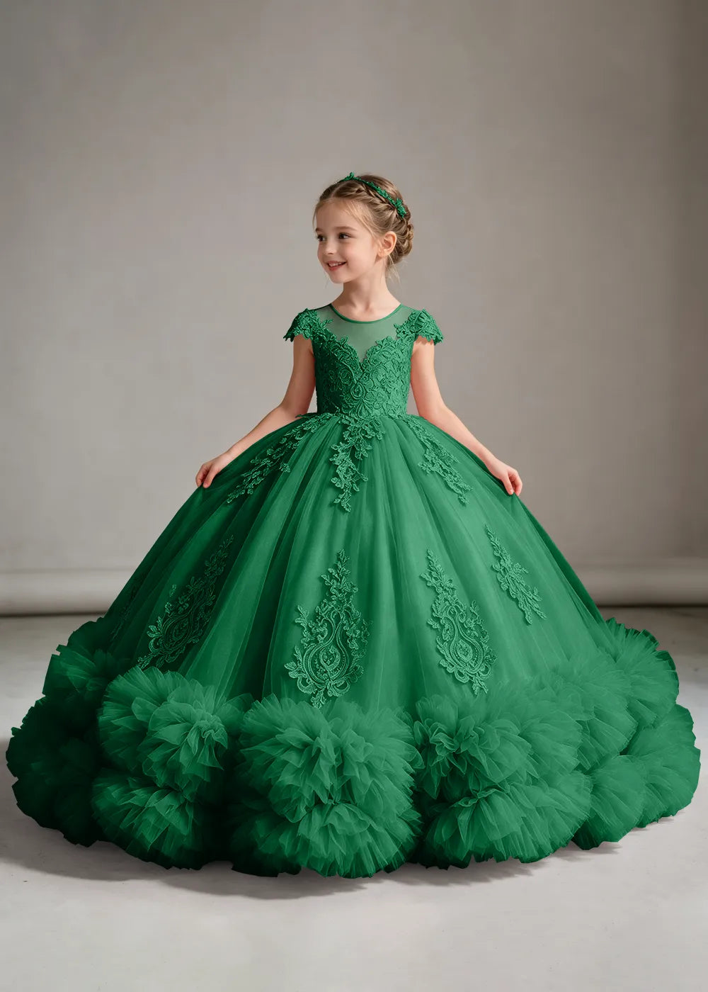 Navy Flower Girl Ball Gown with Floral Bodice and Ruffle Hem