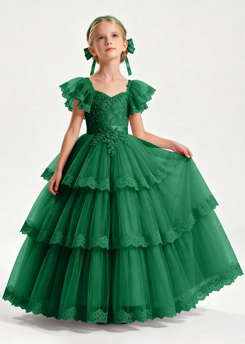 Navy Flower Girl Ball Gown with Three Lace-Edged Tiers