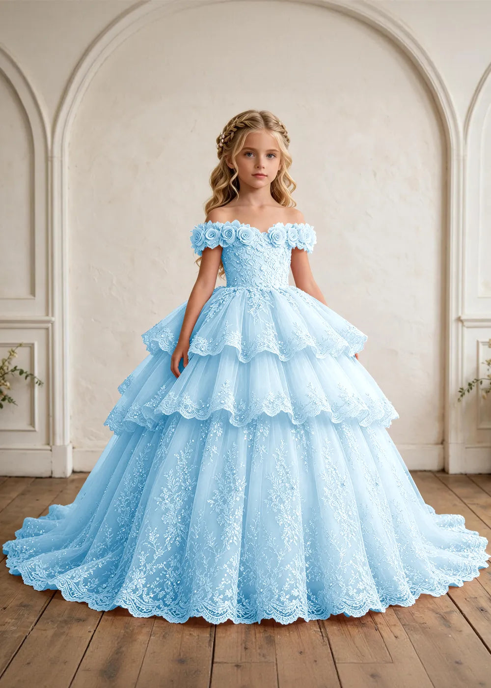 Off Shoulder Floral Lace Princess Ball Gown for Girls