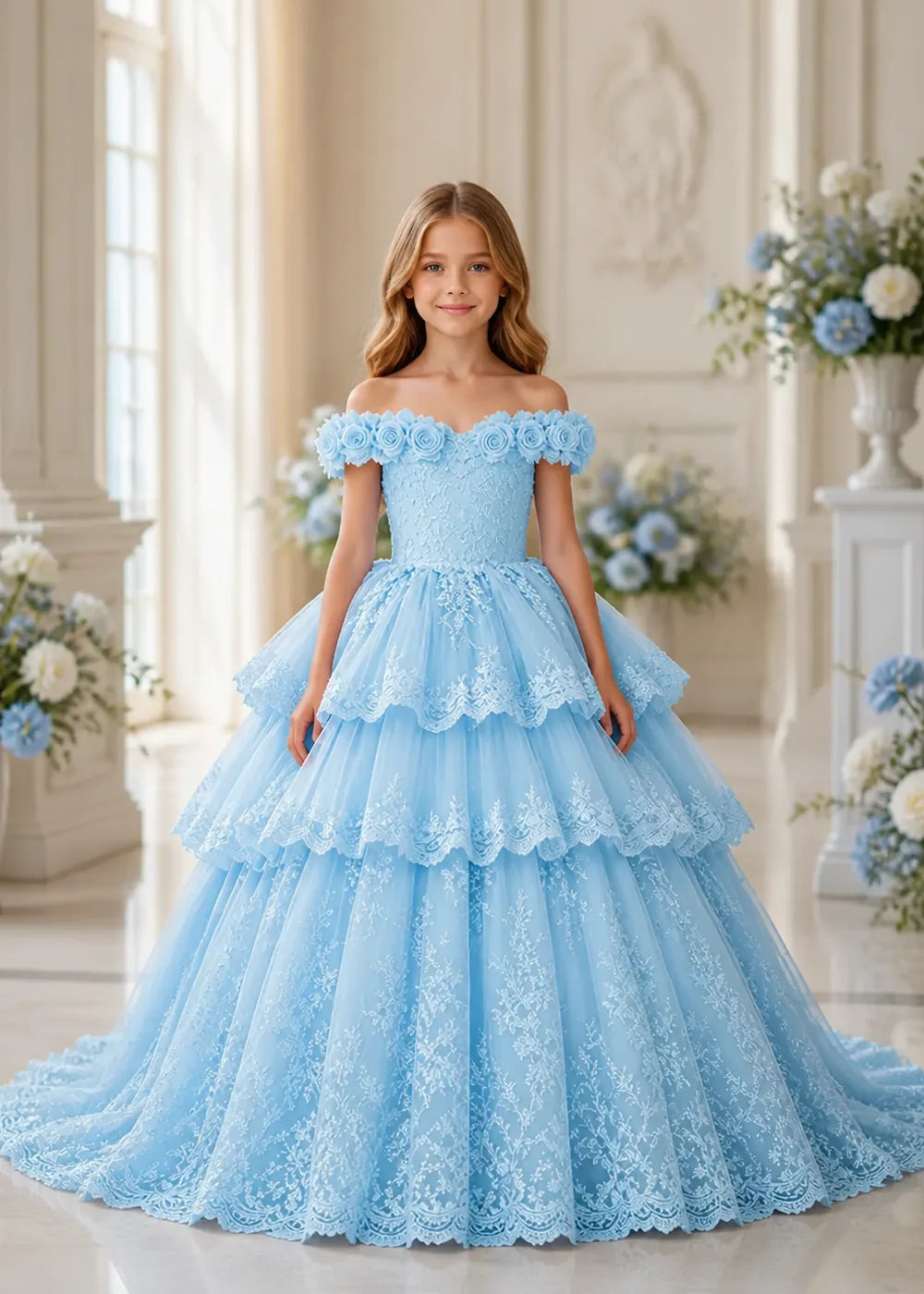 Off Shoulder Floral Lace Princess Ball Gown for Girls