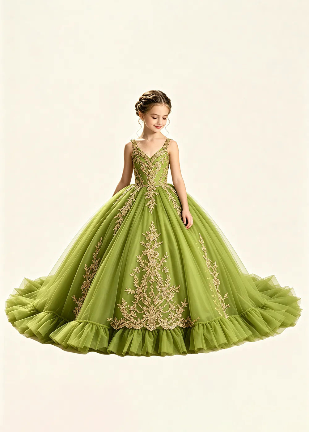 Gold Appliqué V-Neck Flower Girl Ball Gown Dress