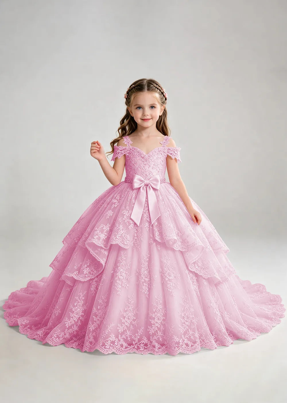 Bow Waist Floral Lace Flower Girl Ball Gown Dress