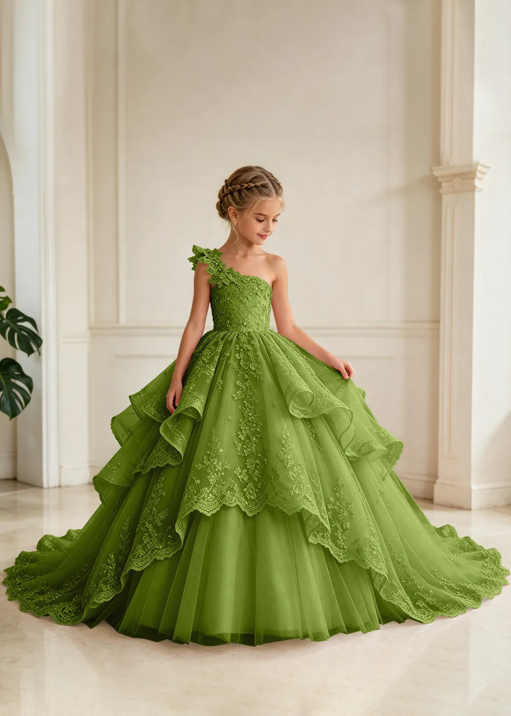 Floral Strap Tiered Lace Flower Girl Ball Gown Dress