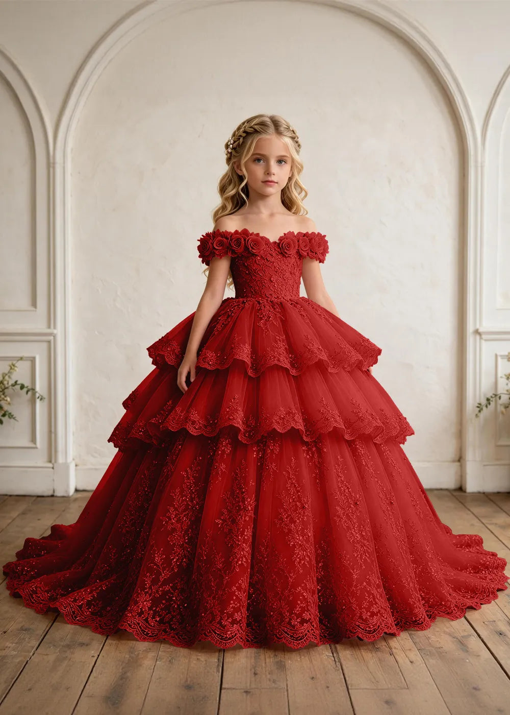Off Shoulder Floral Lace Princess Ball Gown for Girls