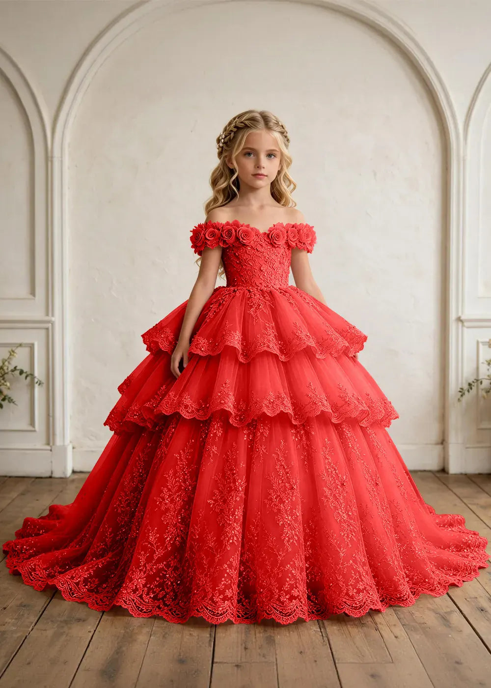 Off Shoulder Floral Lace Princess Ball Gown for Girls