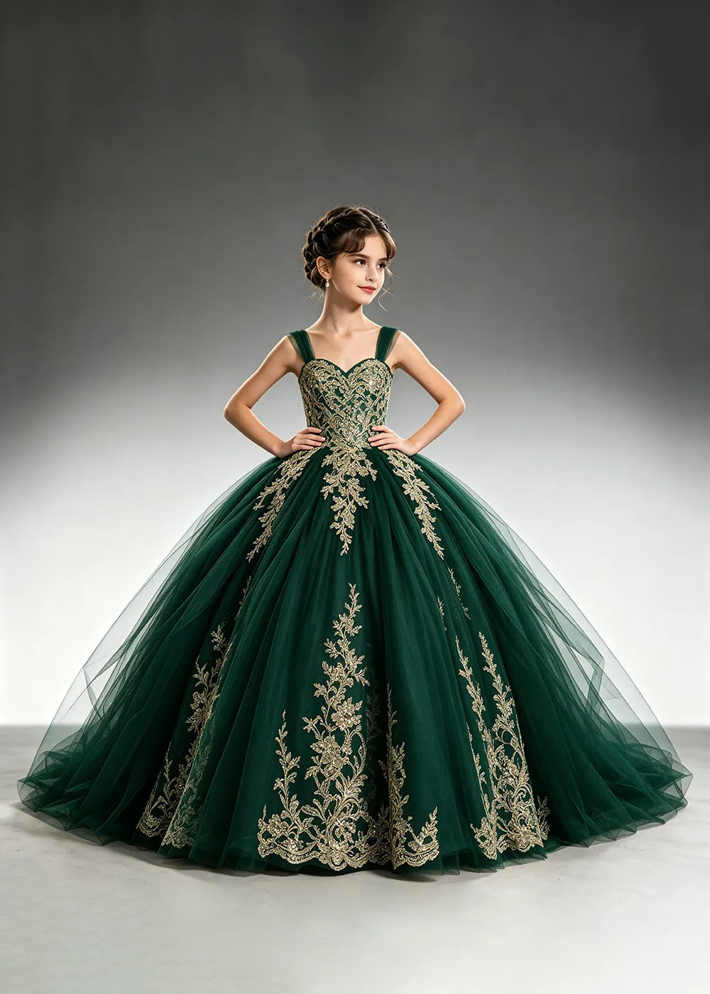 Metallic Appliqué Flower Girl Ball Gown Dress