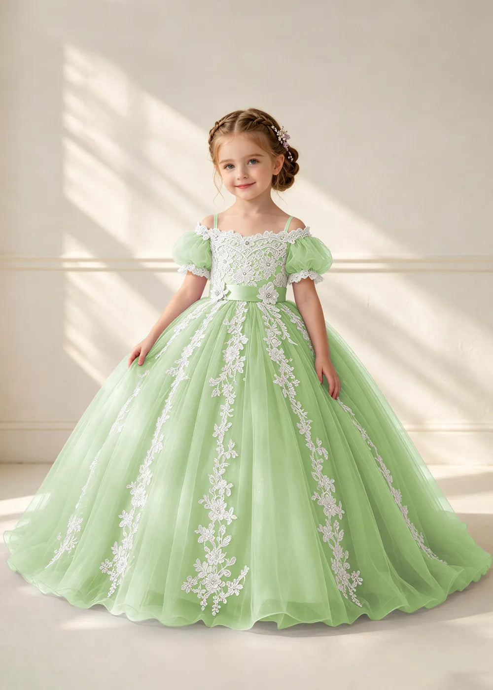 Puff Sleeve Floral Lace Flower Girl Ball Gown Dress
