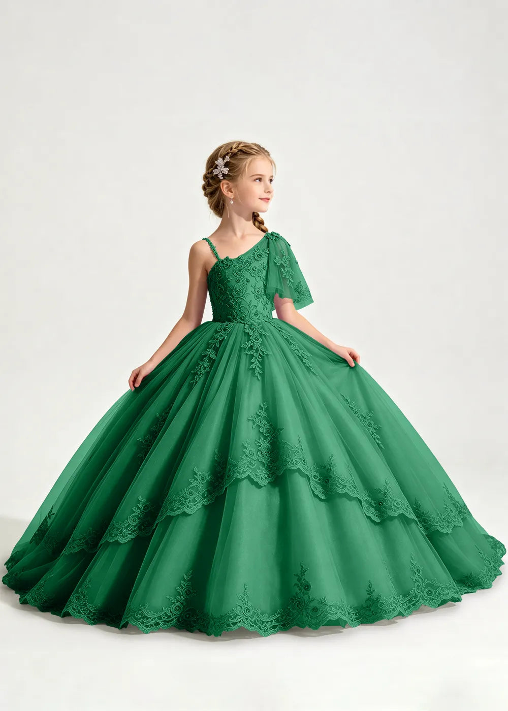 One-Shoulder Floral Lace Flower Girl Ball Gown Dress