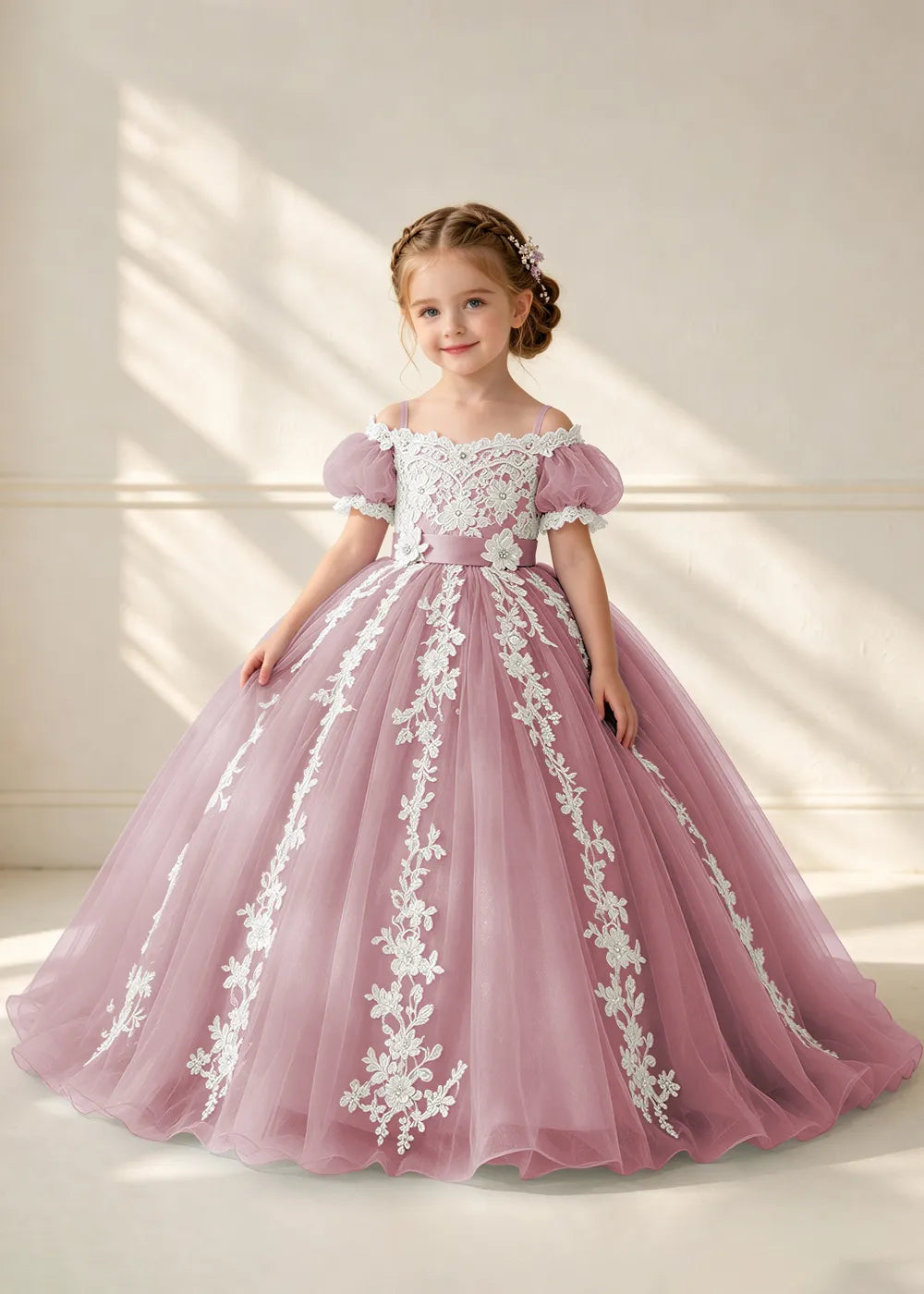 Puff Sleeve Floral Lace Flower Girl Ball Gown Dress
