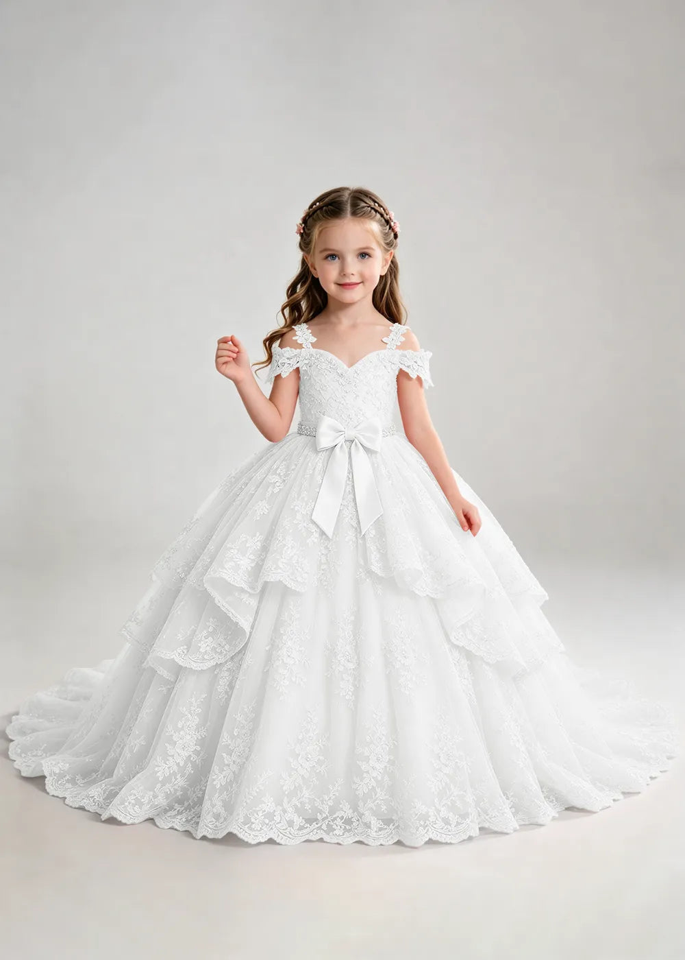 Bow Waist Floral Lace Princess Dress for Girls