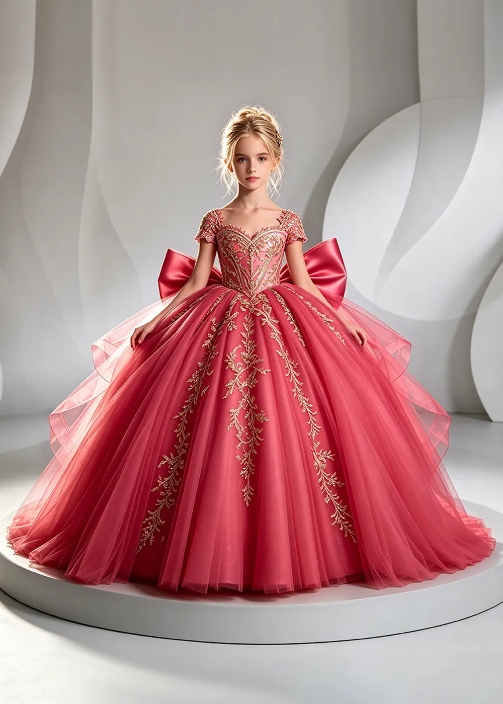 Cap Sleeve Sequin Bodice Flower Girl Dress with Bow and Gold Embroidery