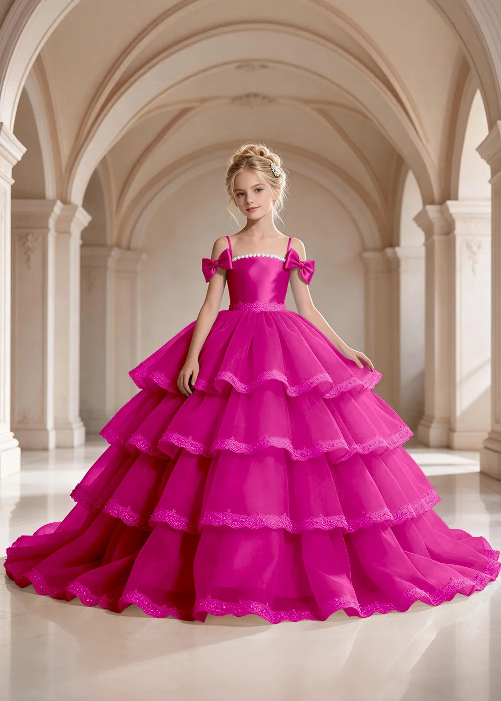 Navy Blue Four-Tier Bow-Shoulder Flower Girl Dress