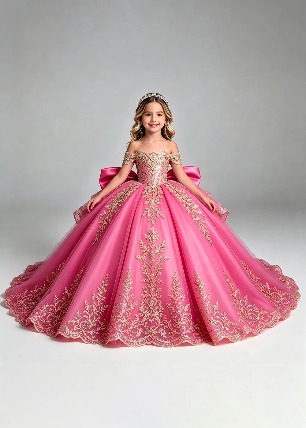 Off-Shoulder Lace Flower Girl Dress with Bow and Scalloped Hem