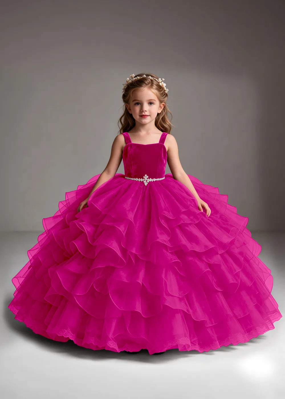 Burgundy Flower Girl Dress with Cascading Ruffles and Jeweled Waist