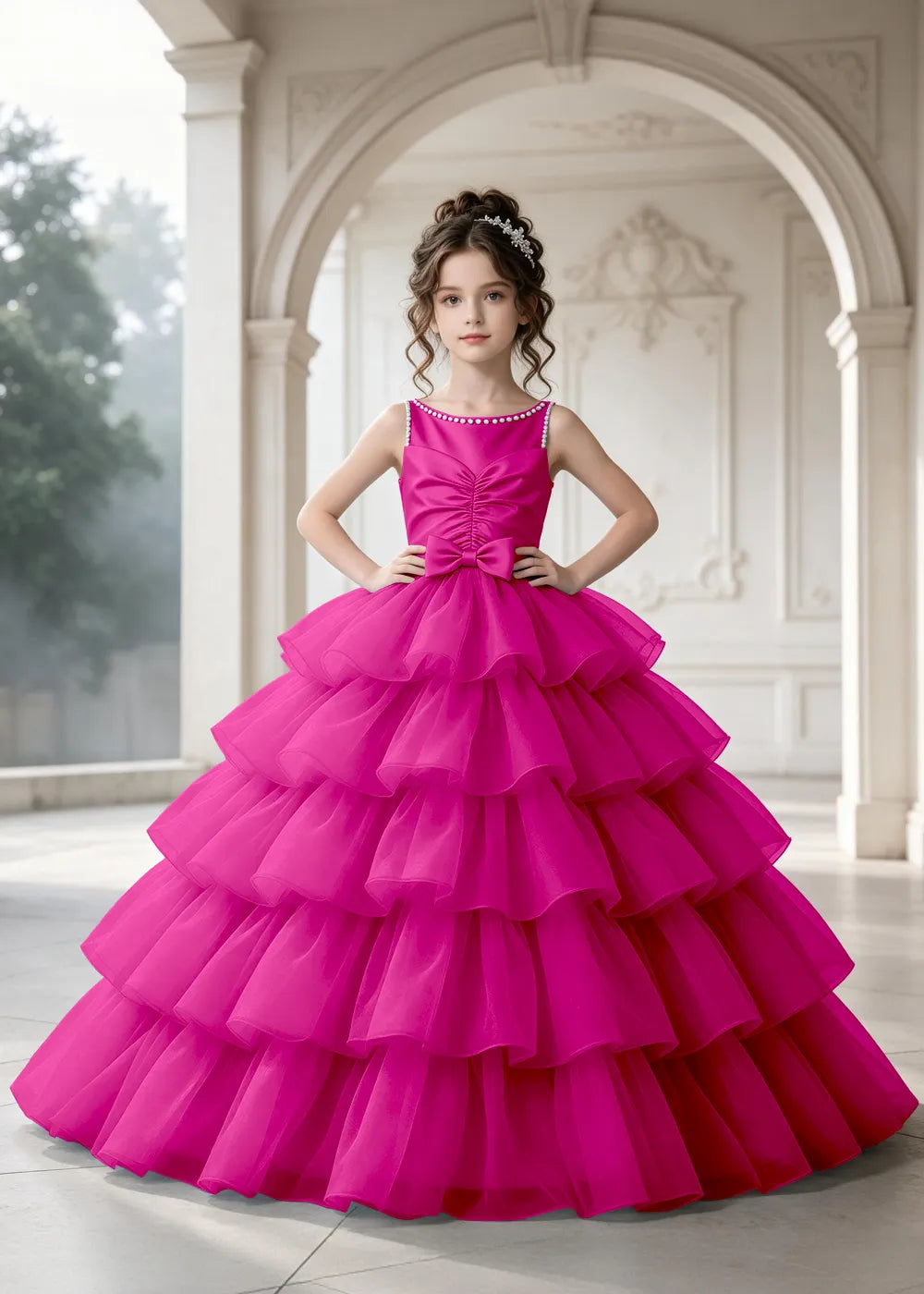 Flower girl dress in Fuchsia, front view.