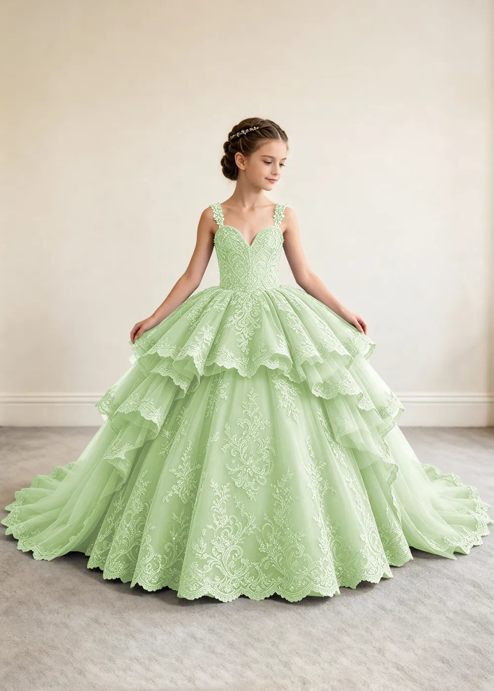 V-Neck Tiered Lace Flower Girl Ball Gown Dress