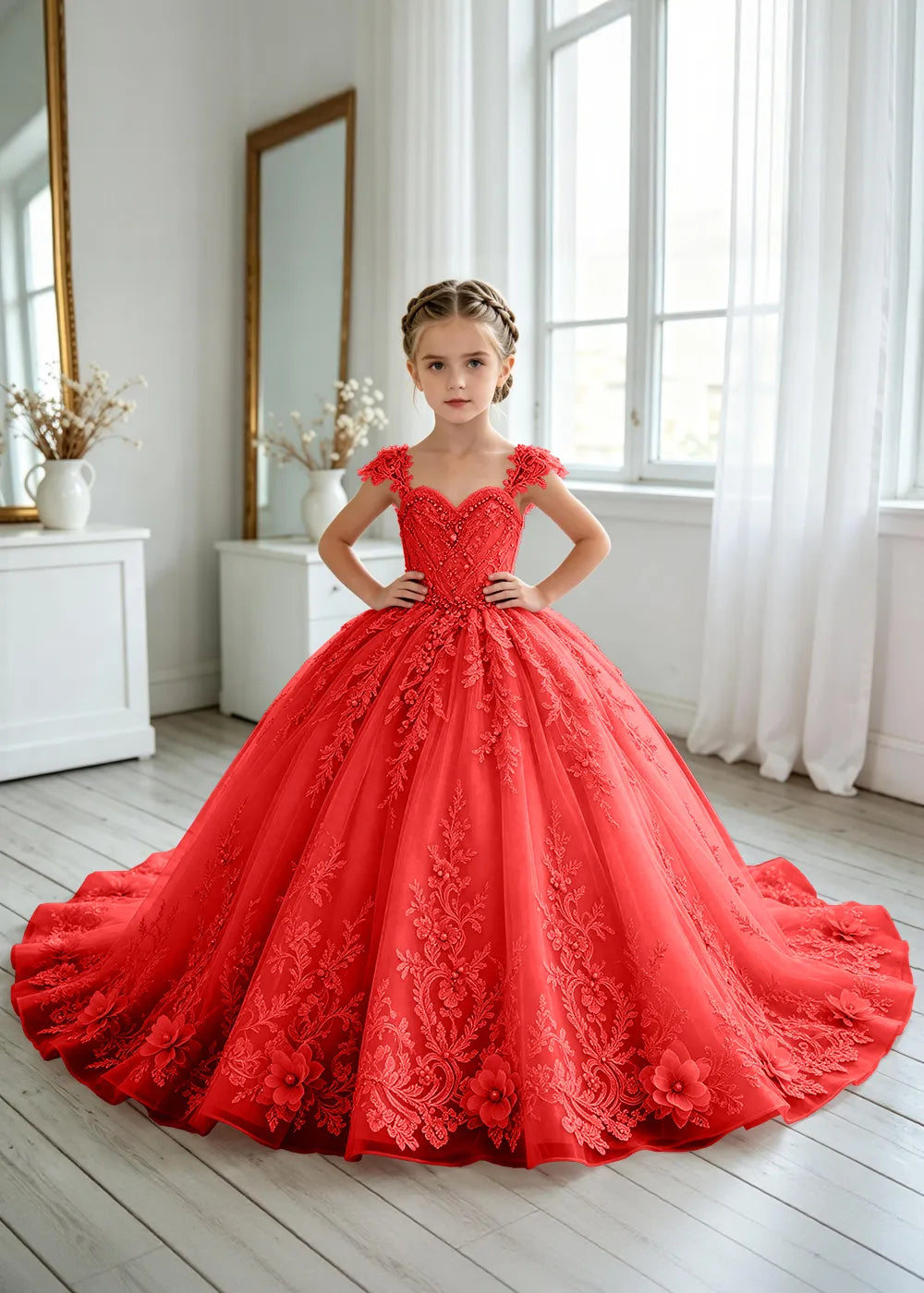 Floral V-Neck Lace Princess Dress for Girls