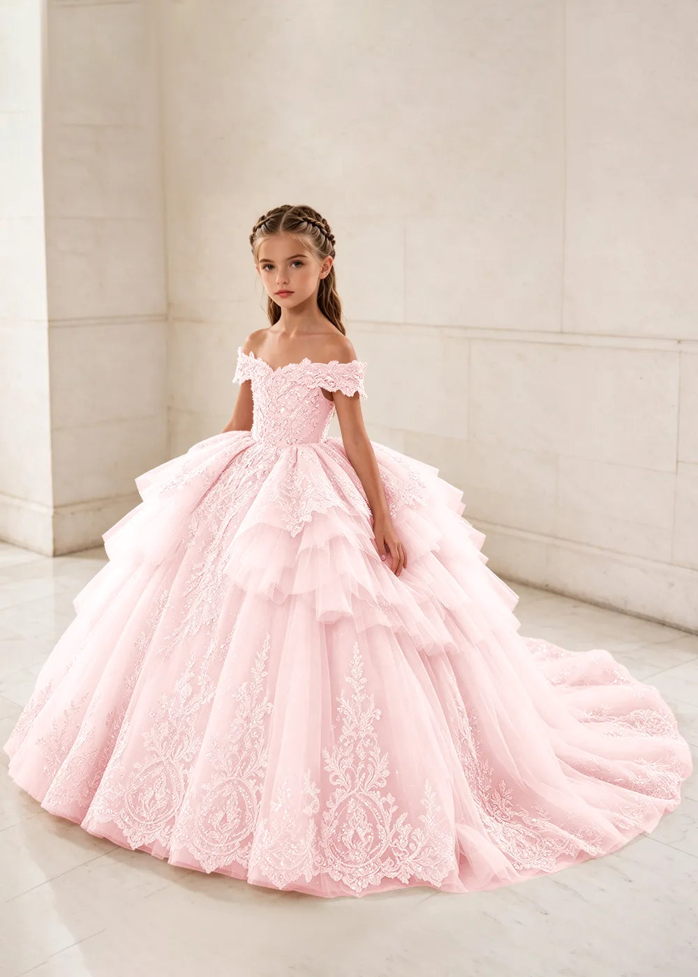 Ruffled Off Shoulder Lace Flower Girl Ball Gown Dress