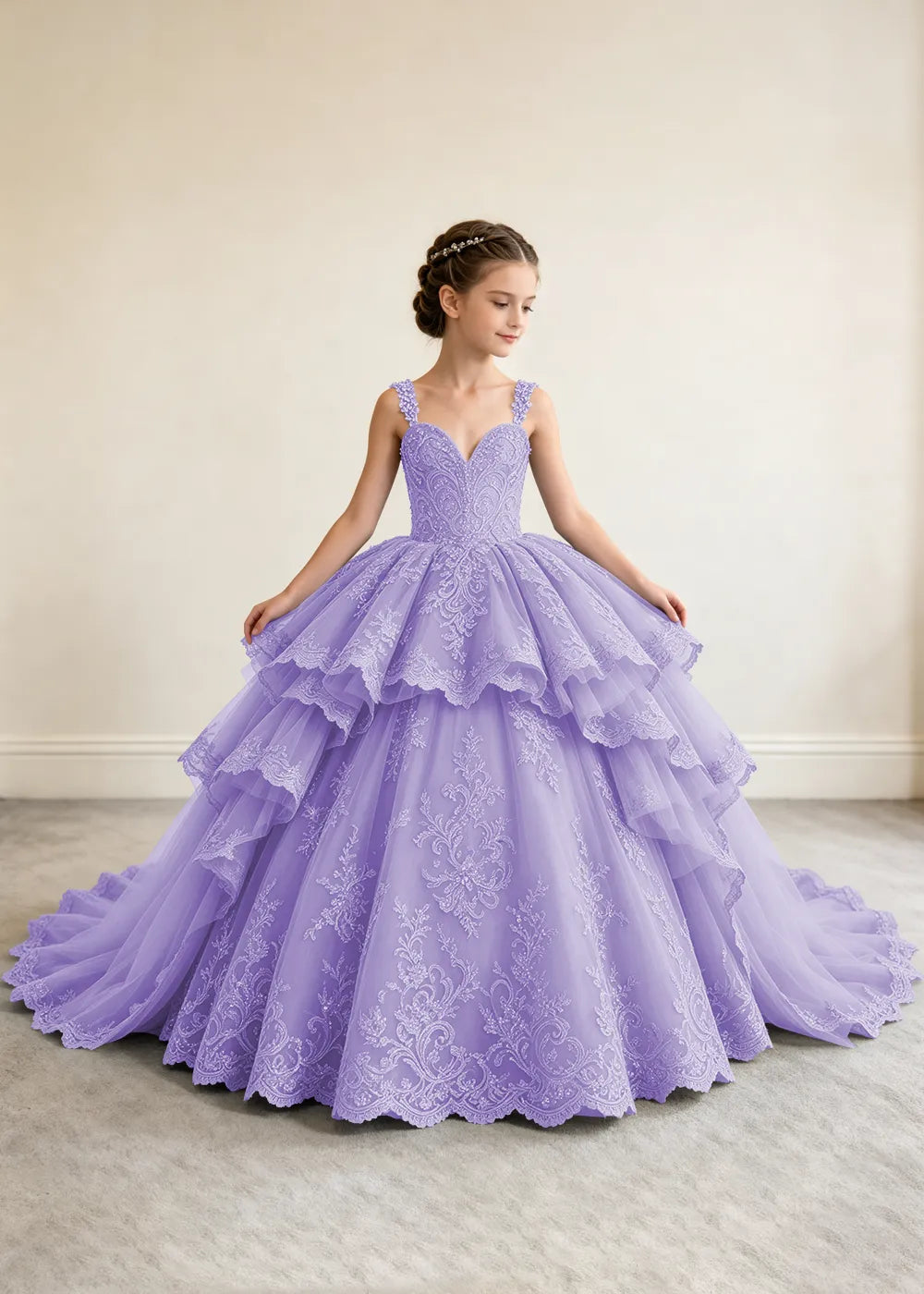 V-Neck Tiered Lace Flower Girl Ball Gown Dress