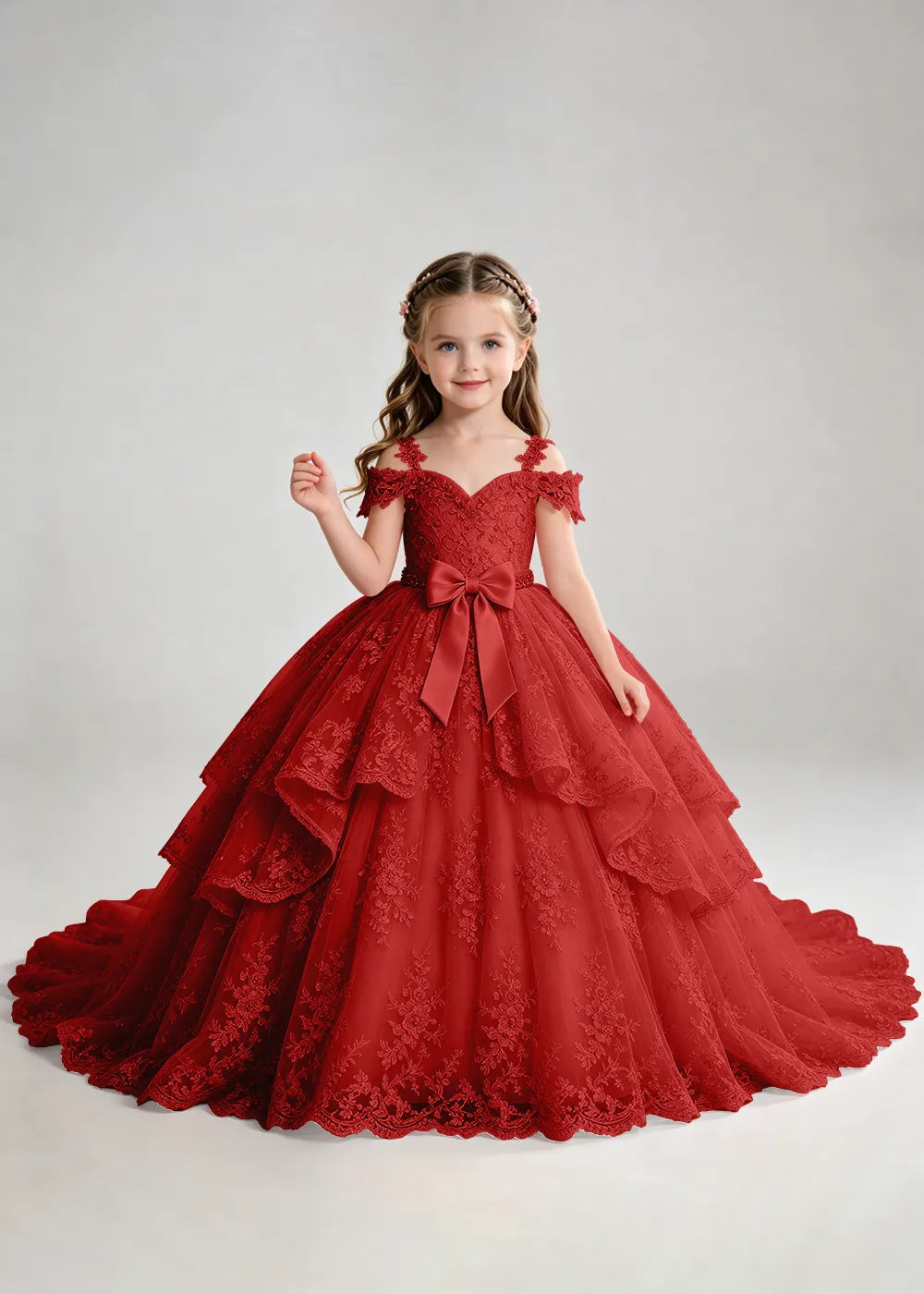 Bow Waist Floral Lace Princess Dress for Girls