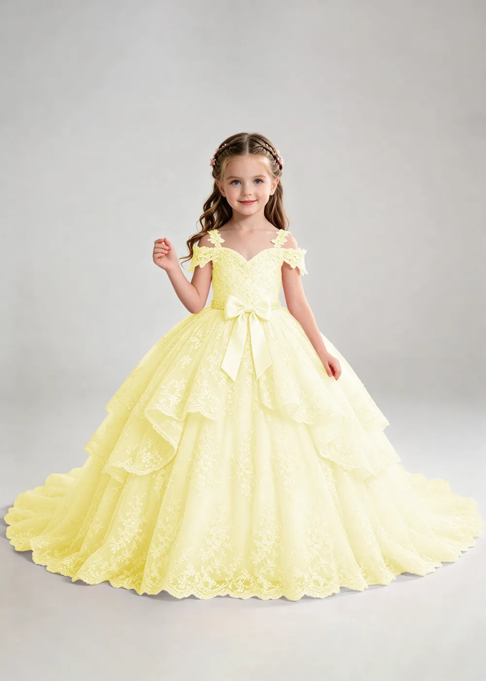 Bow Waist Floral Lace Princess Dress for Girls