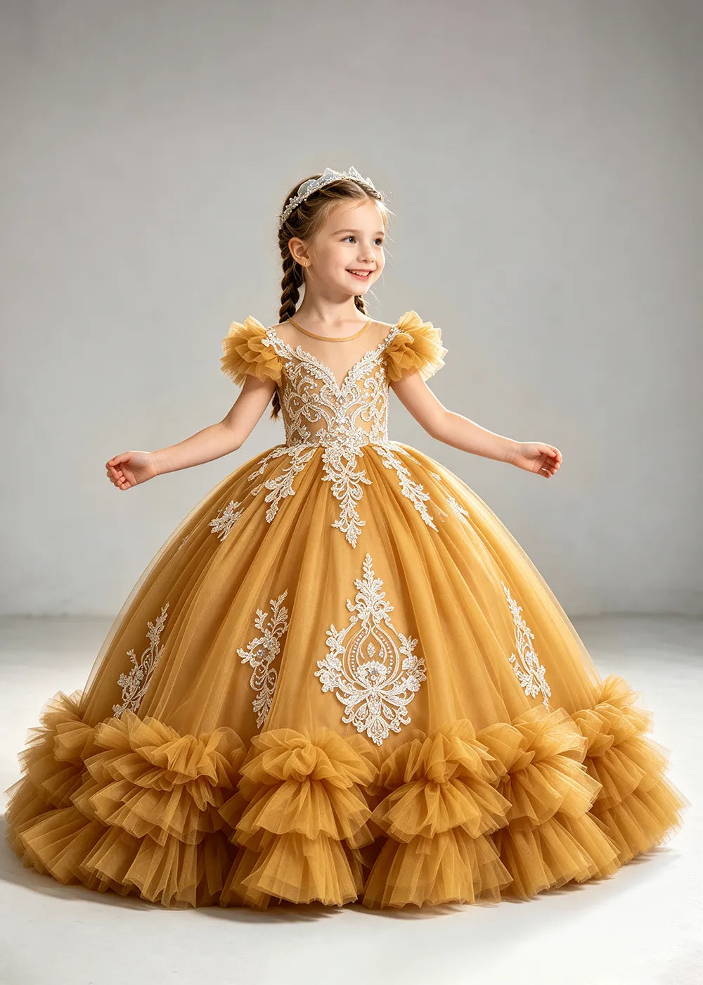 Navy Flower Girl Ball Gown with White Floral Appliqués