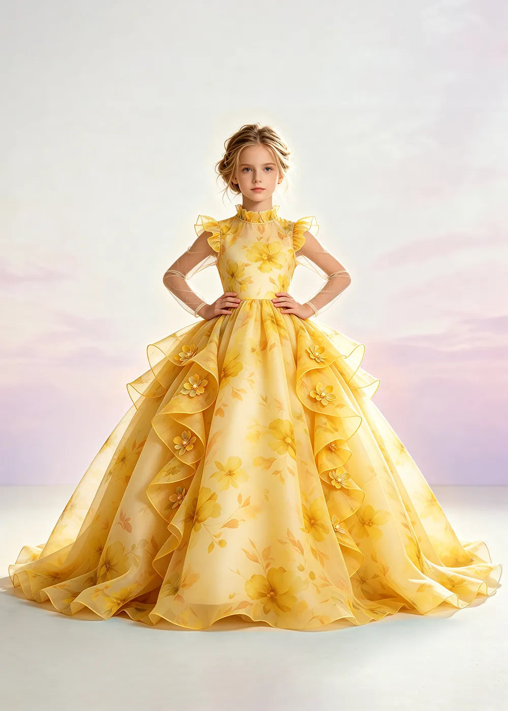 Navy Blue Floral Ruffle-Collar Flower Girl Dress
