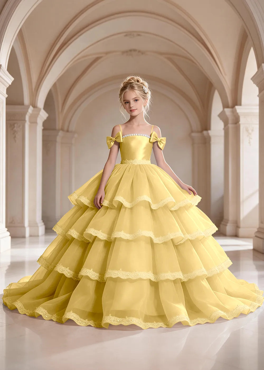 Light Blue Four-Tier Bow-Shoulder Flower Girl Dress