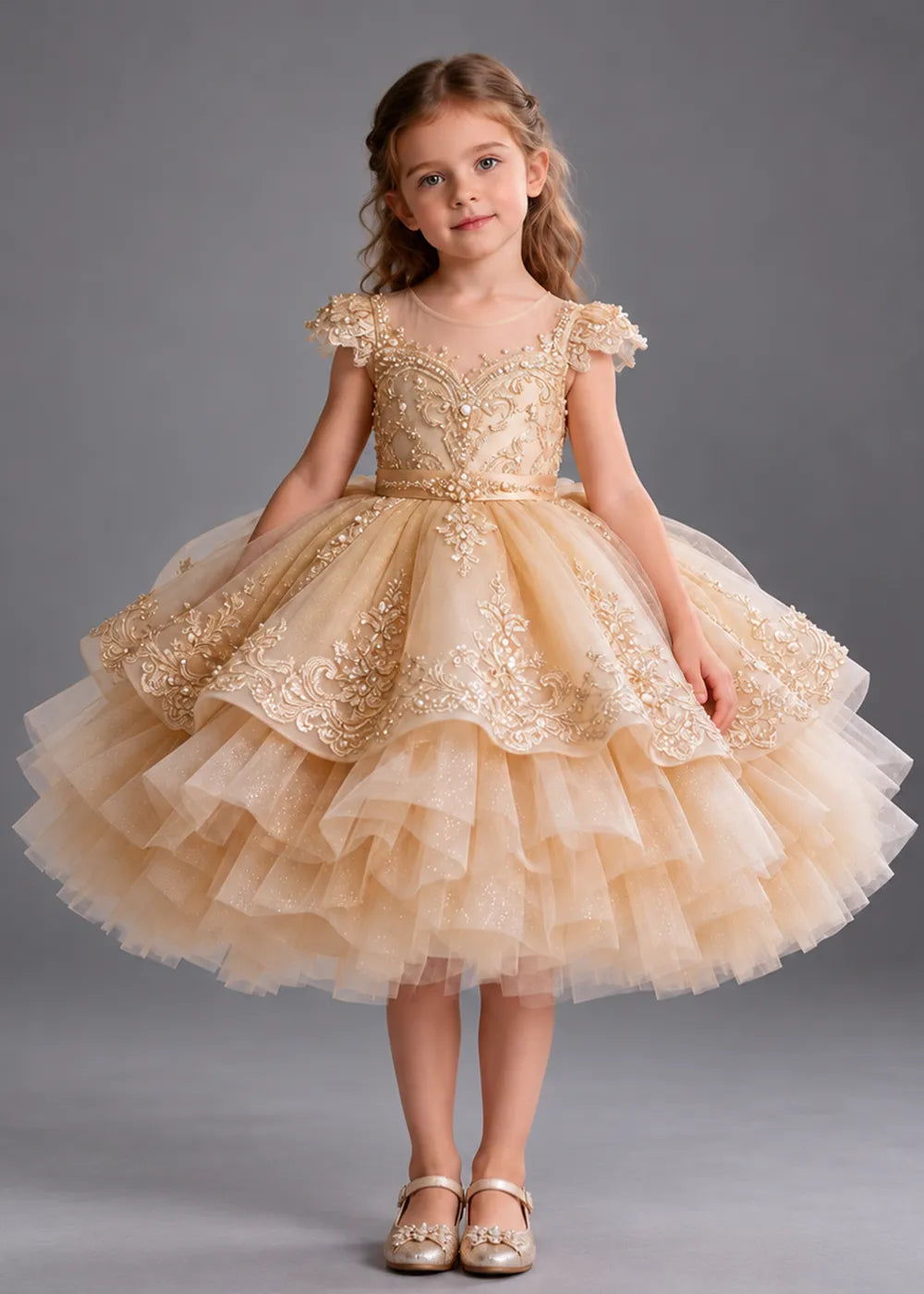 Gold Knee-Length Flower Girl Dress with Scalloped Lace Overlay