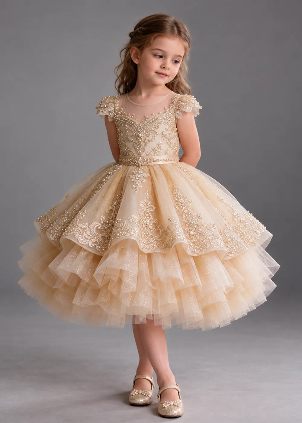 Gold Knee-Length Flower Girl Dress with Scalloped Lace Overlay