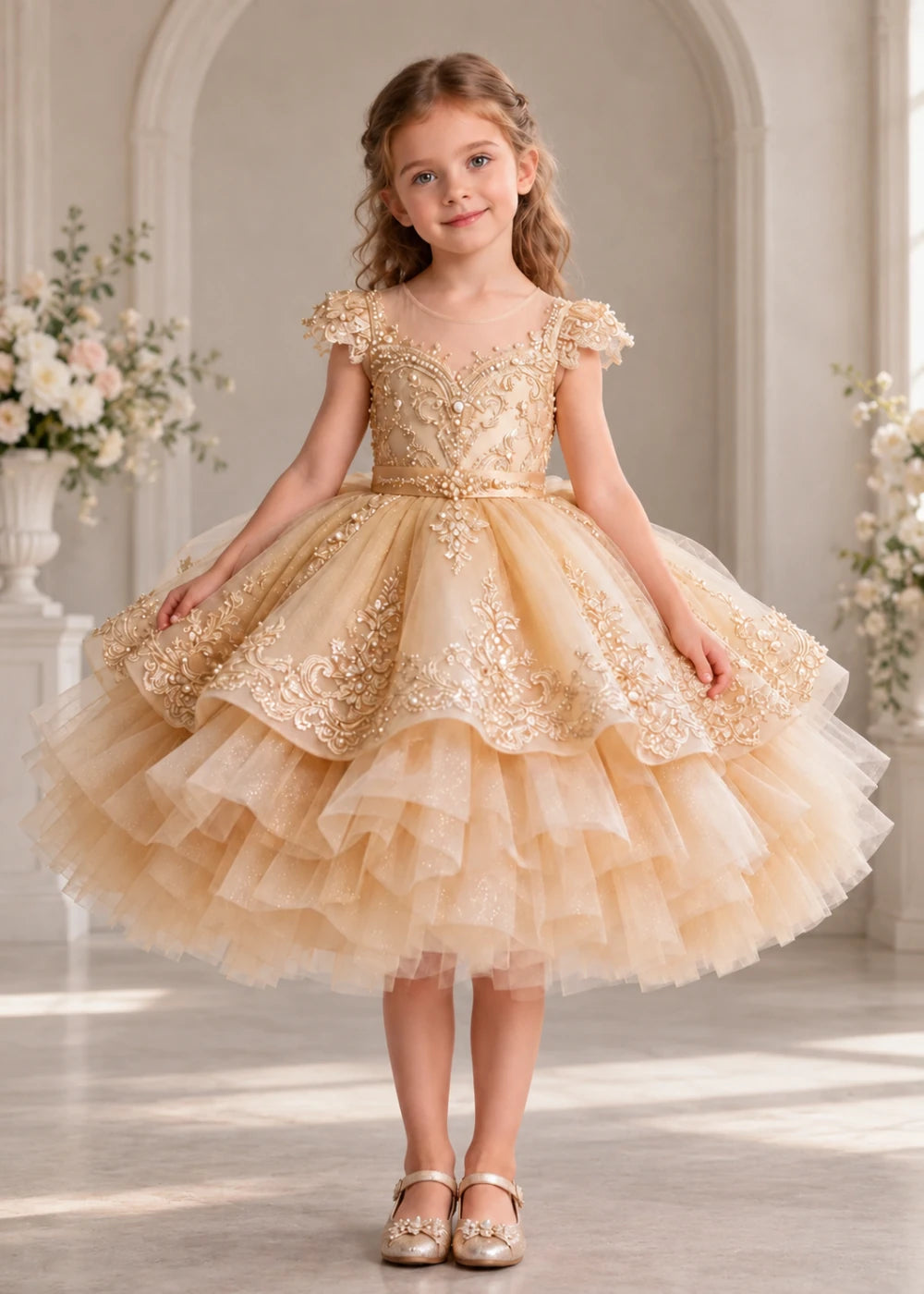 Gold Knee-Length Flower Girl Dress with Scalloped Lace Overlay