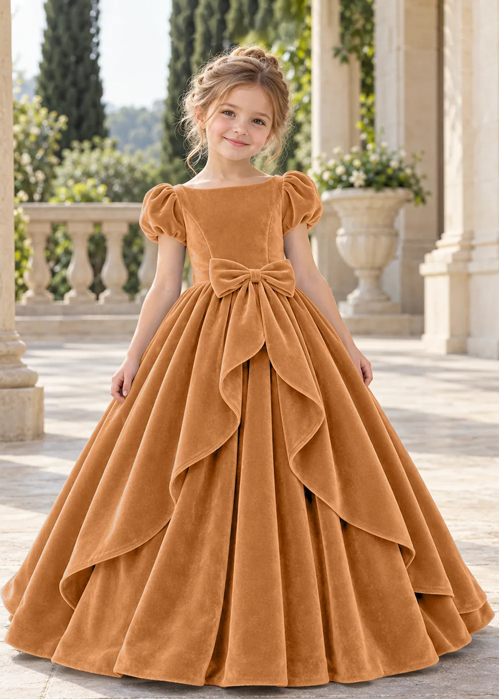 Front view of a child wearing a gold flower girl dress with a square neckline, short puff sleeves and a large velvet bow above a full tiered skirt.