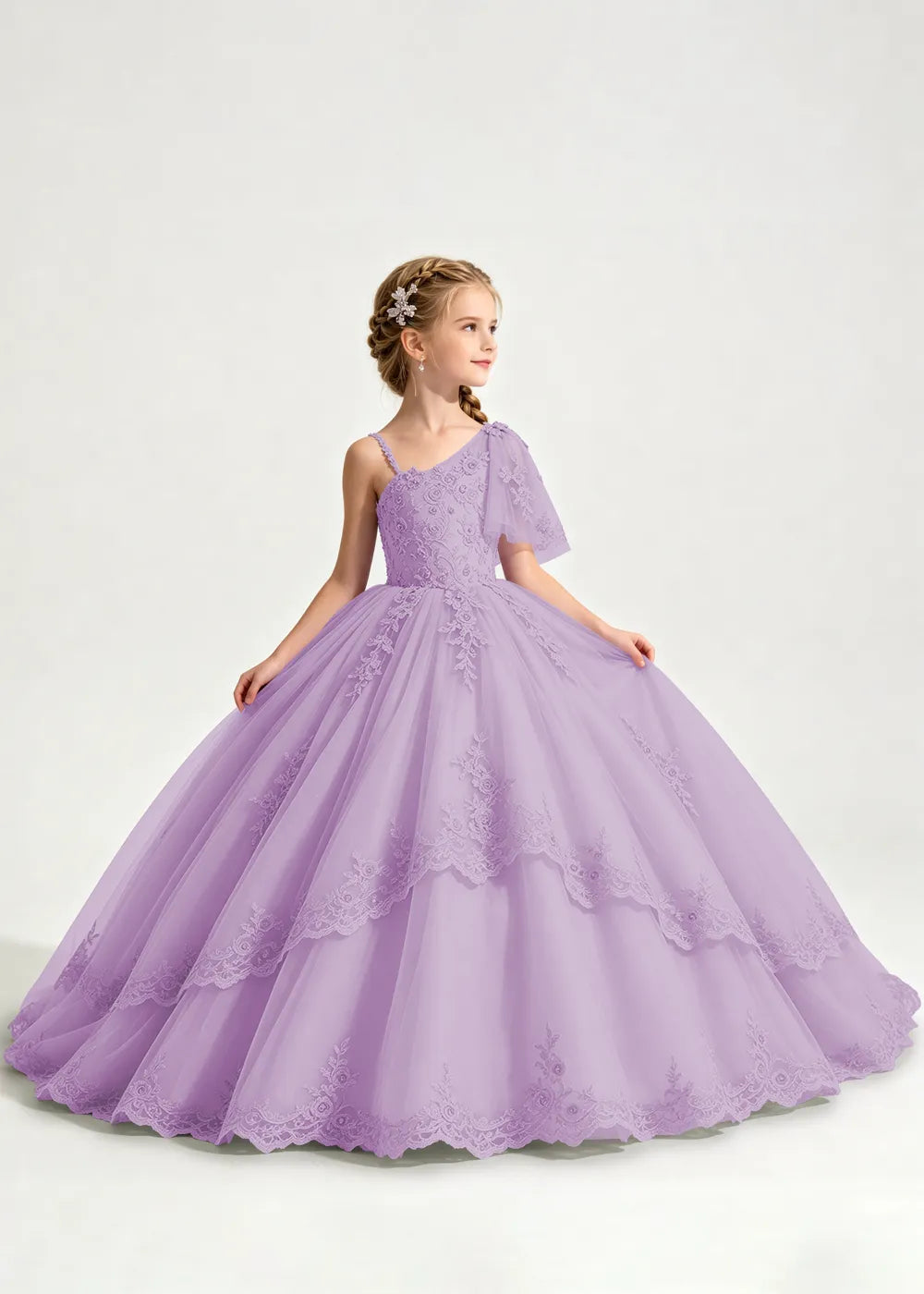 One-Shoulder Floral Lace Flower Girl Ball Gown Dress