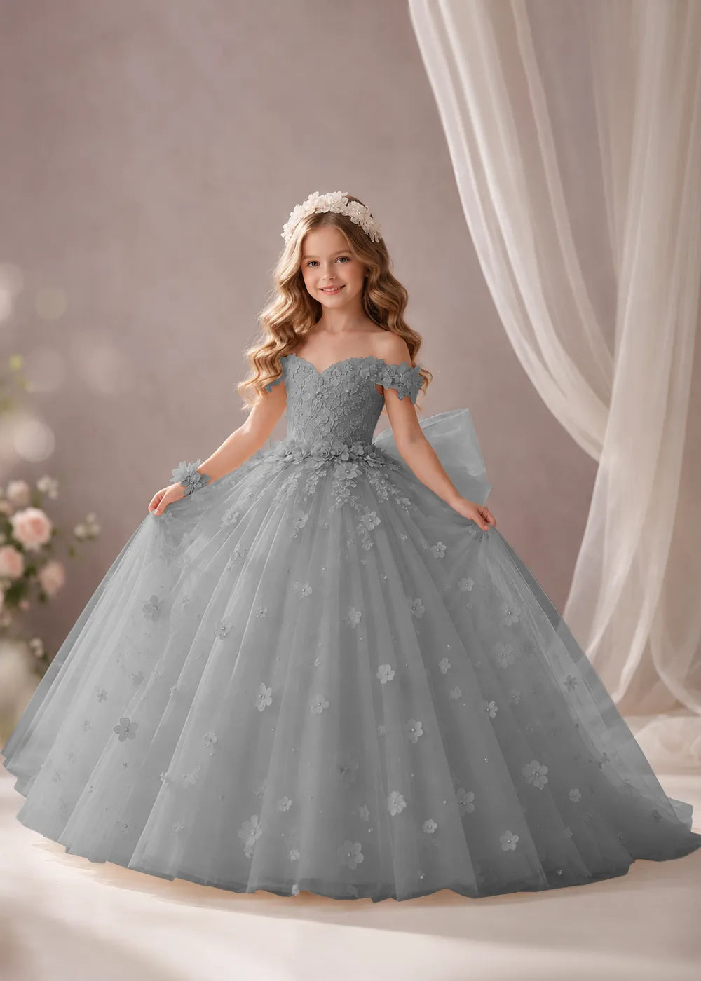 Ivory Flower Girl Dress with Off-Shoulder Florals and a Bow
