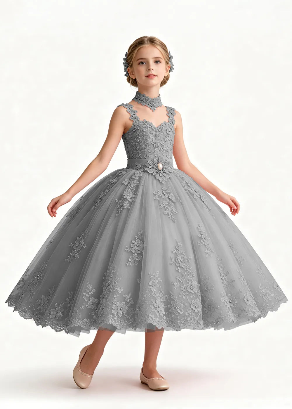 Navy Tea-Length Flower Girl Gown with Floral Neck Band