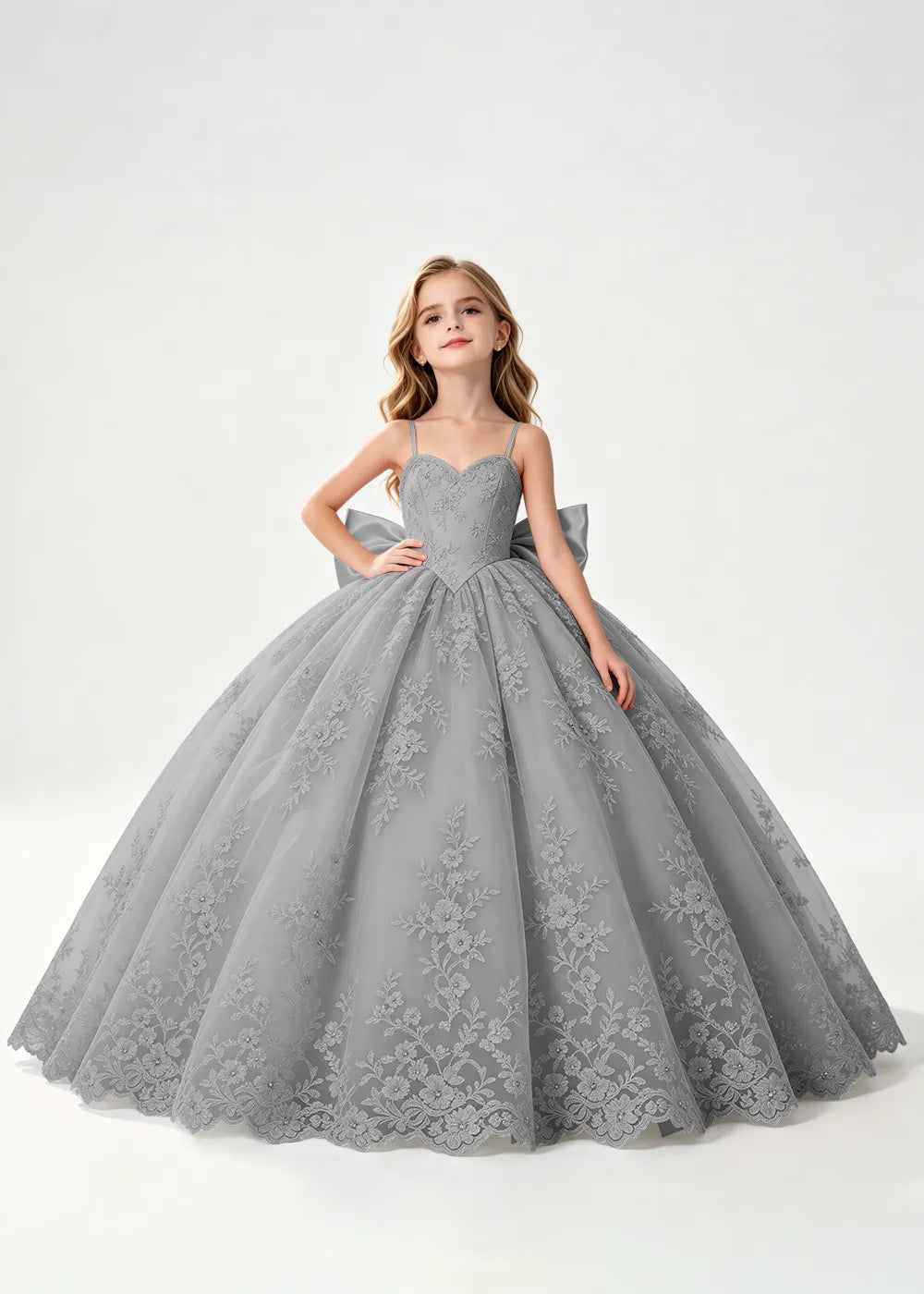 Flower girl dress in Gray, front view.
