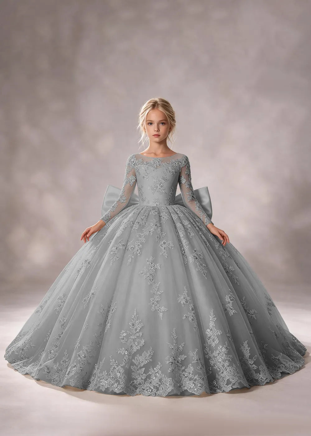 Flower girl dress in Gray, front view.