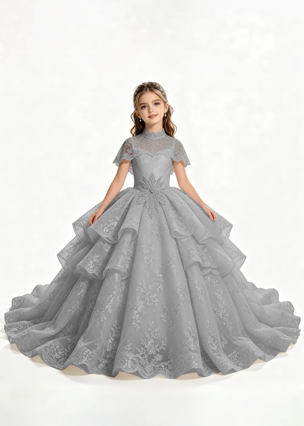 Flower girl dress in Gray, front view.