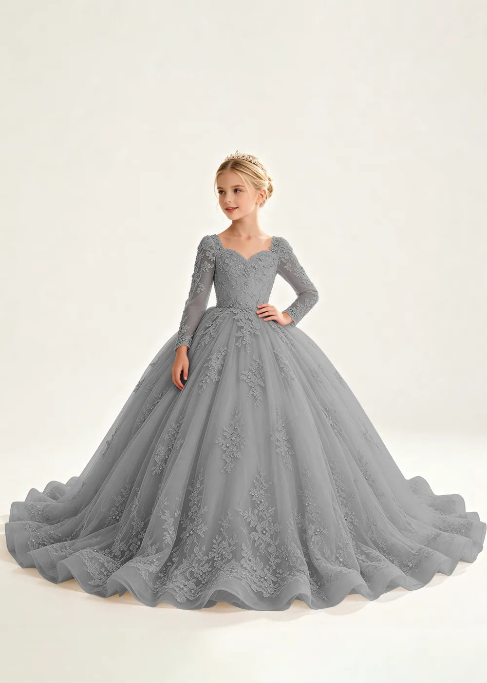 Navy Floral Flower Girl Gown with Long Sleeves