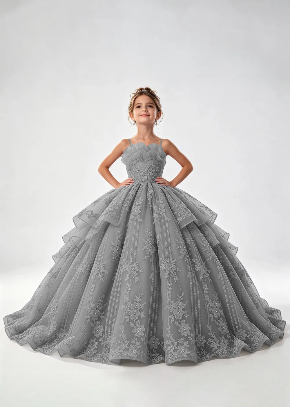 Flower girl dress in Gray, front view.