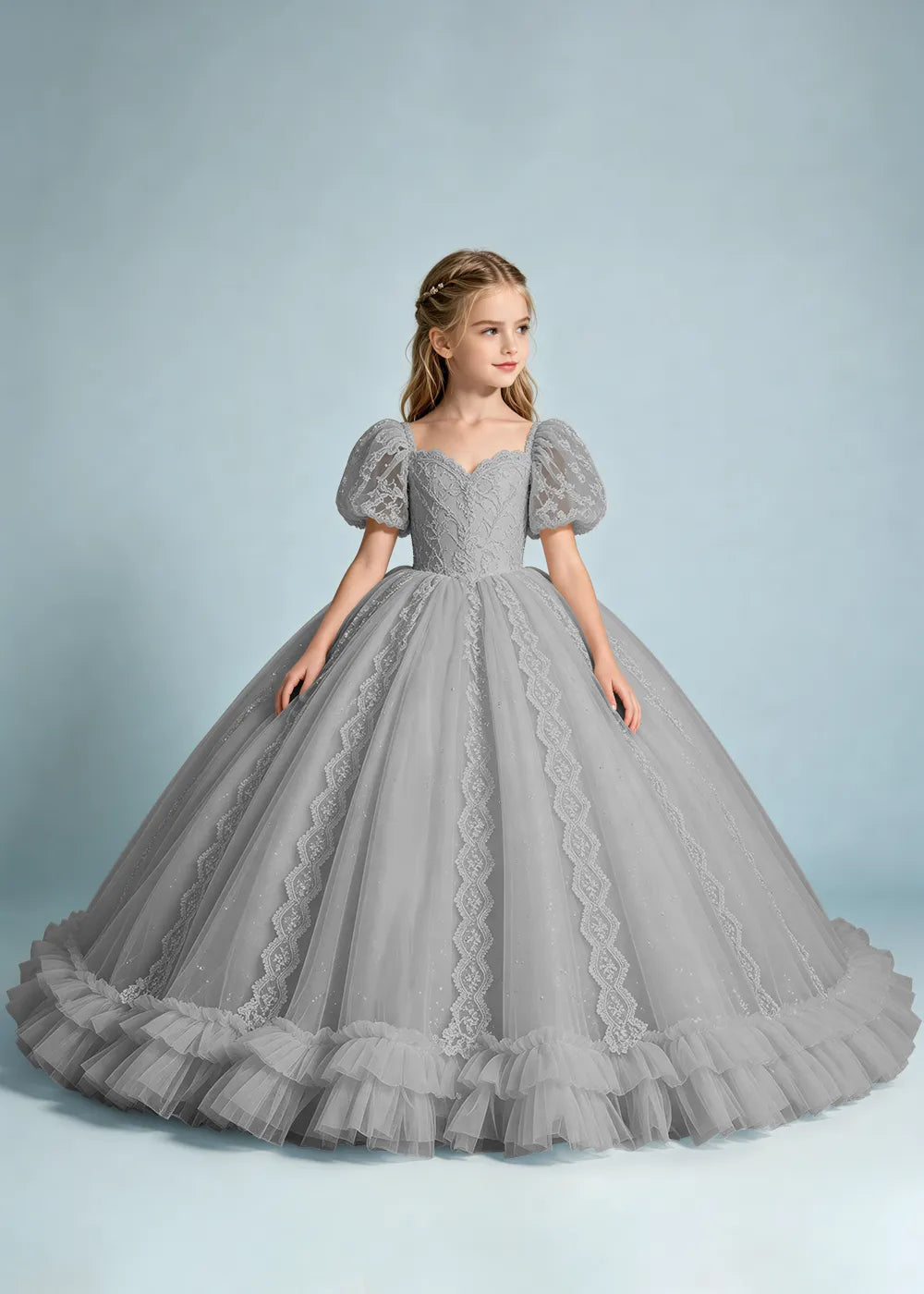 Navy Flower Girl Gown with Lace Puff Sleeves and Ruffled Hem