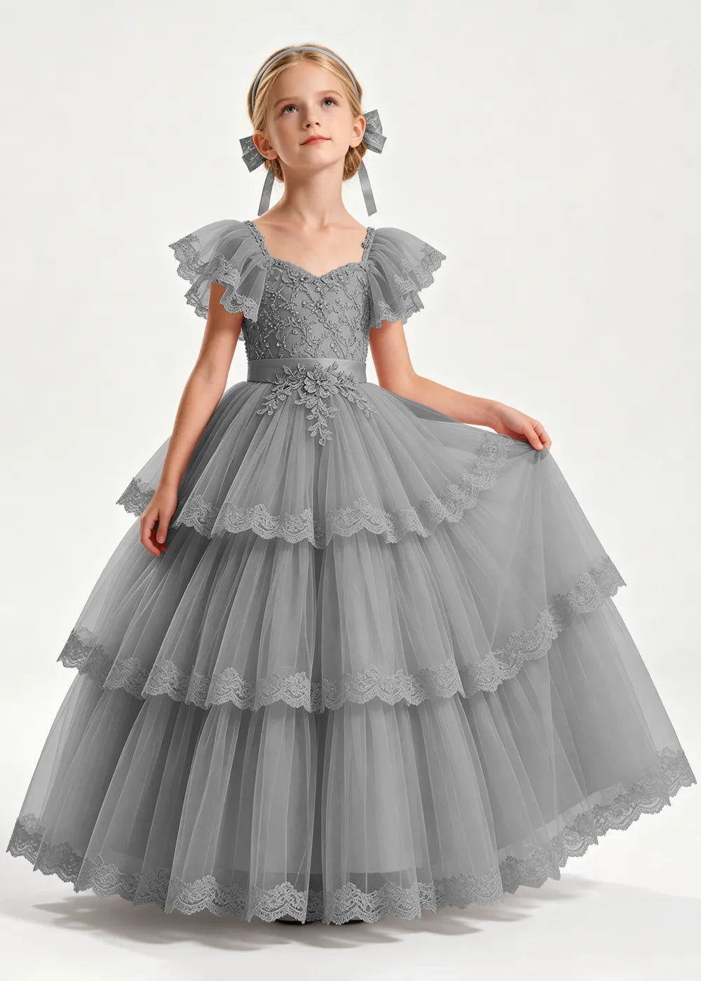 Navy Flower Girl Ball Gown with Three Lace-Edged Tiers