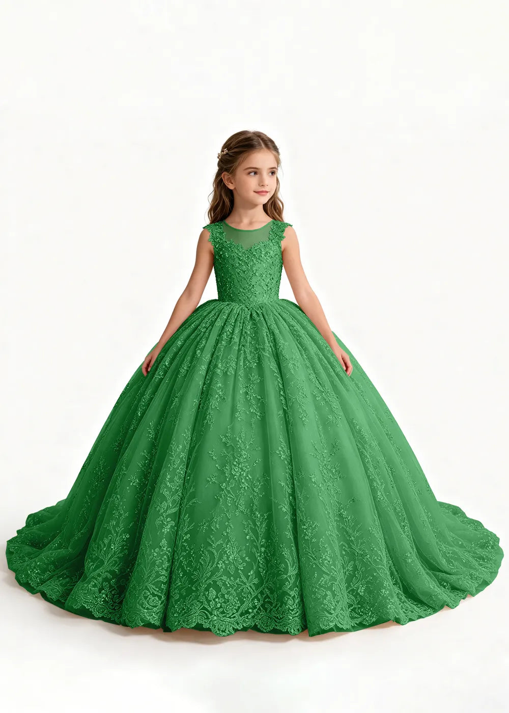 Navy Sleeveless Flower Girl Gown with Scalloped Train