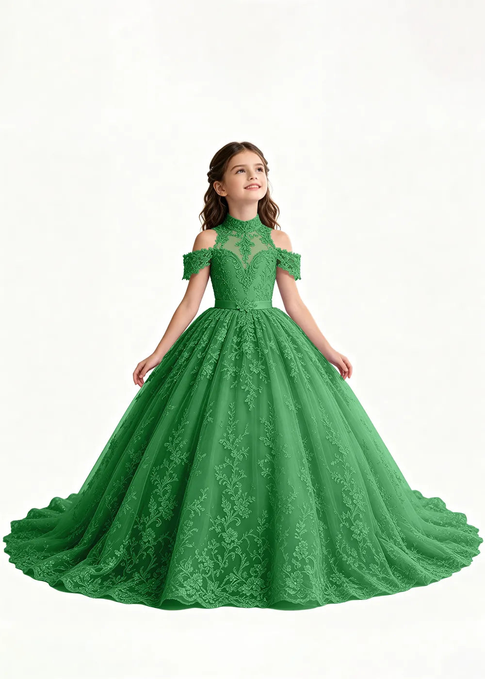 Navy Floral Flower Girl Gown with Open Shoulders
