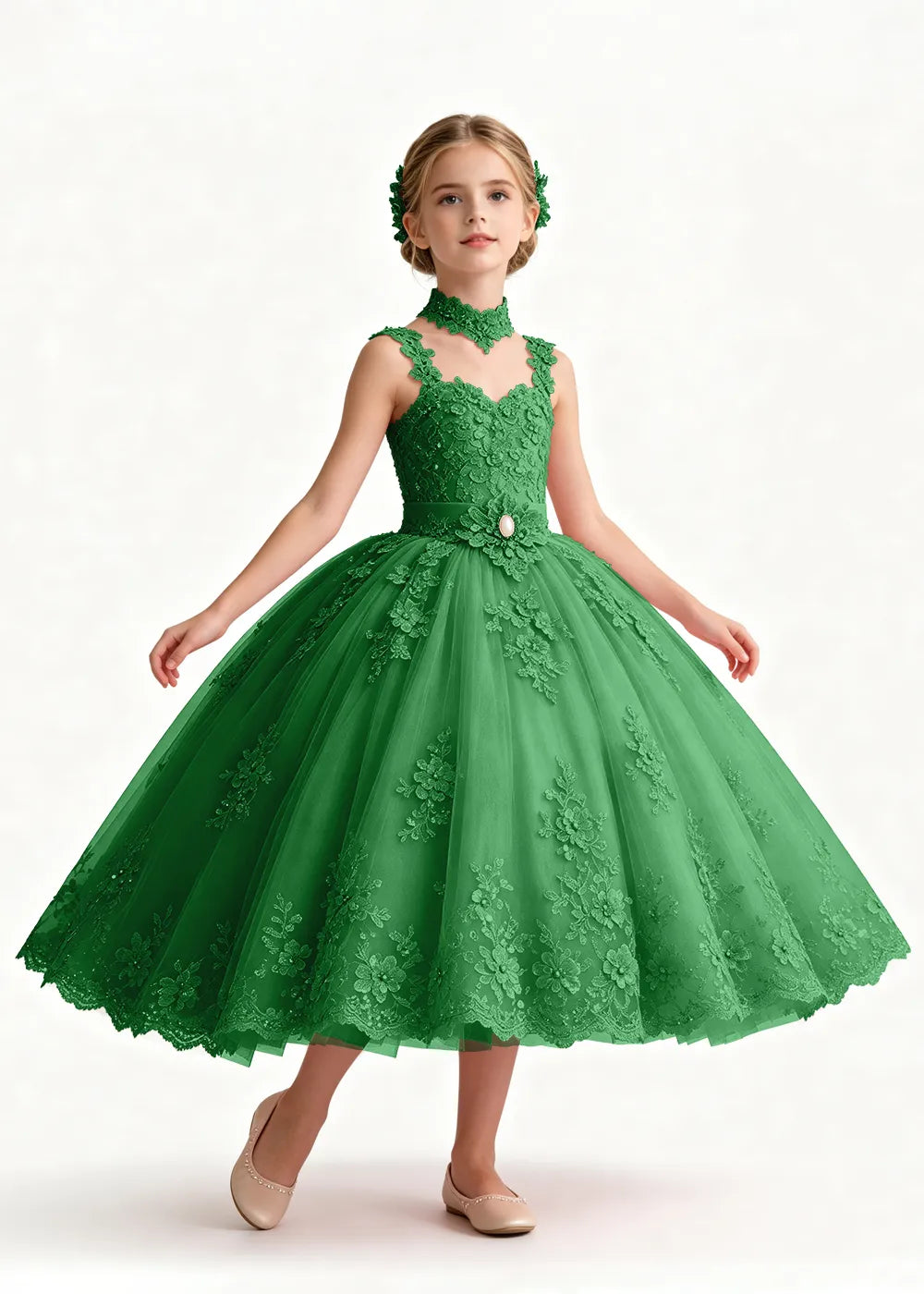 Navy Tea-Length Flower Girl Gown with Floral Neck Band