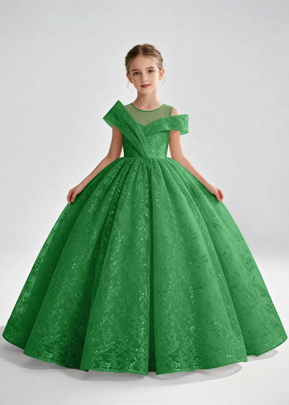 Navy Blue Illusion-Band Floral Flower Girl Dress