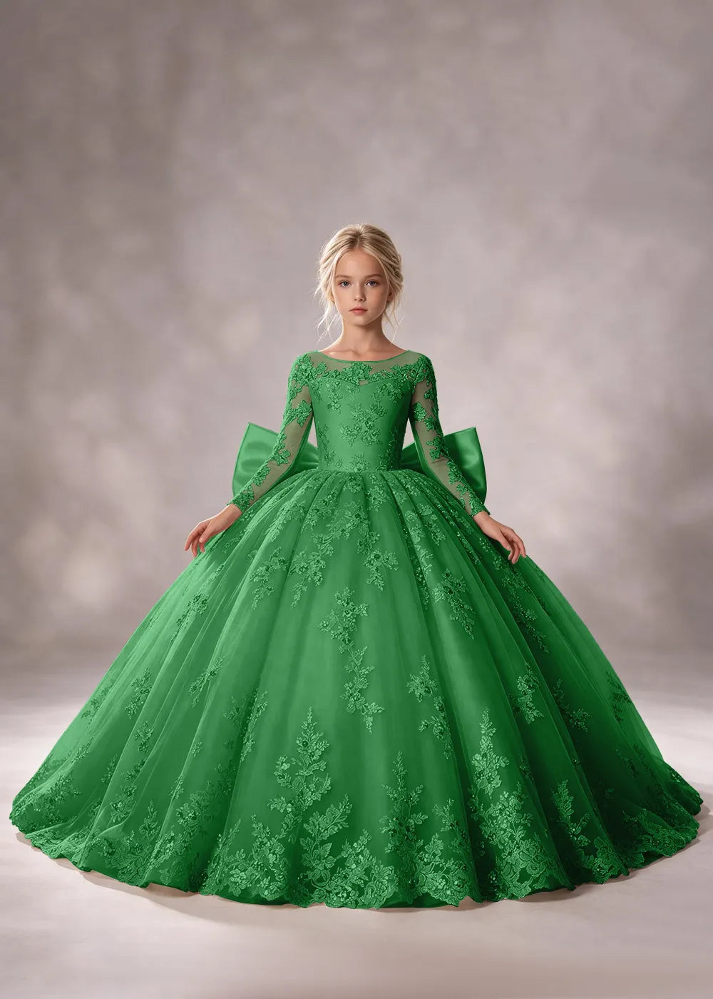 Flower girl dress in Green, front view.