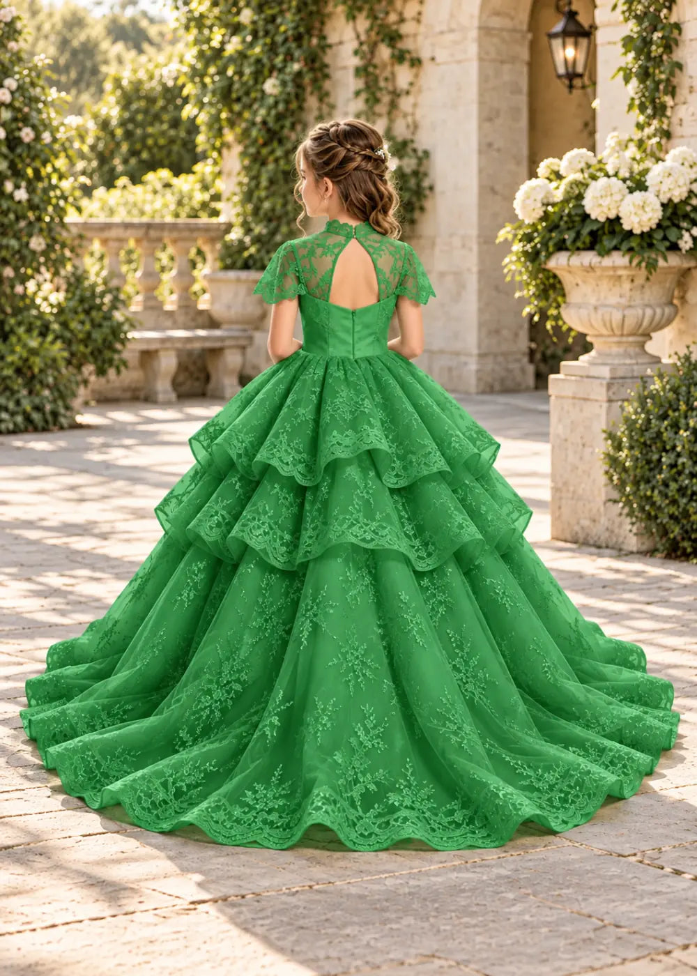 Flower girl dress in Green, back view.