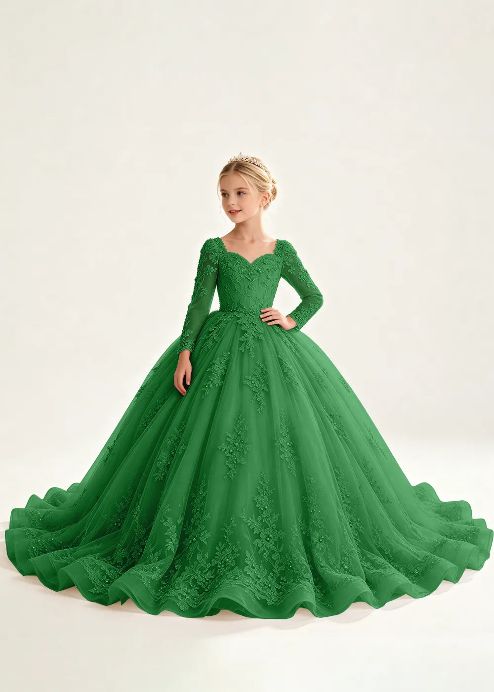 Navy Floral Flower Girl Gown with Long Sleeves