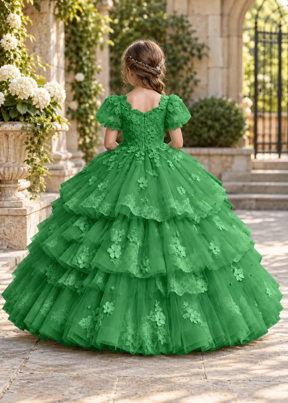 Flower girl dress in Green, back view.